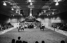 Large group of people pose for a photo in front of the stage at the 1986 Little International Agricultural Exposition at South Dakota State University. The color guard on horseback are also in the arena.