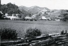 Field and village nestled in the mountains by the Inland Sea in Japan, a fence can be seen in the foreground; written in pencil on the back: along Inland Sea, Japan 1924.