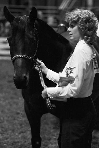 Woman holding the reins of a horse at the 1978 Little International Agricultural Exposition at South Dakota State University.