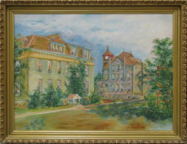 Painting by Evelyn T. Hubbard; Oil on Panel, of Old Central and Old North at South Dakota State University; frame 52.5 cm x 68 cm.  Tag on back reads “Oil on panel 1972.4.
