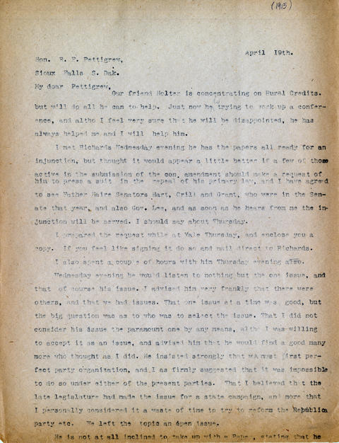 Letter: H.L. Loucks to R.F. Pettigrew, April 19, 1915