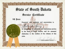 State of South Dakota Service Certificate