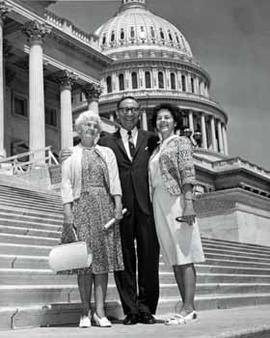 Representative Ben Reifel, Mrs. W.R. Wells, and Mrs. R.B. Herschleb on the US Capitol steps in 1967