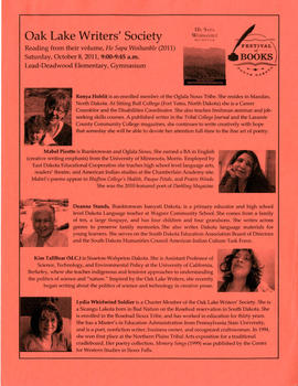 Poster for the Oak Lake Writer's Society readings at the South Dakota Festival of Book in Lead, South Dakota. Ronya Hoblit, Mabel Picotte, Deanna Stands, Kim TallBear, and Lydia Whirlwind Soilier read from 'He Sappa Woihanble.