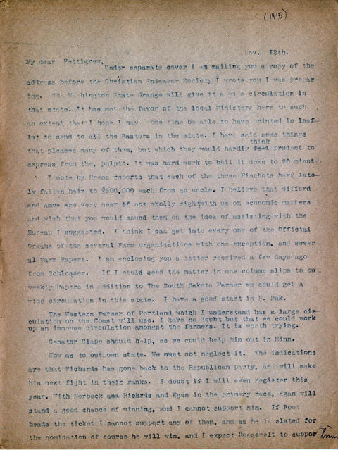 Letter: H.L. Loucks to R.F. Pettigrew, November 12, 1915