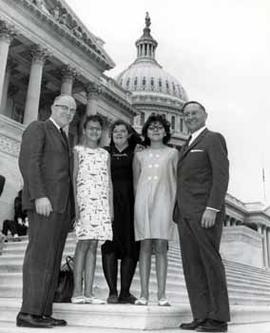 Representatives E.Y. Berry and Ben Reifel with Deaconess Link, Malinda Walters, and Bernadette Thompson on the steps of the US Capitol in 1964