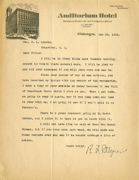 Letter: R.F. Pettigrew to H.L. Loucks, May 20, 1916