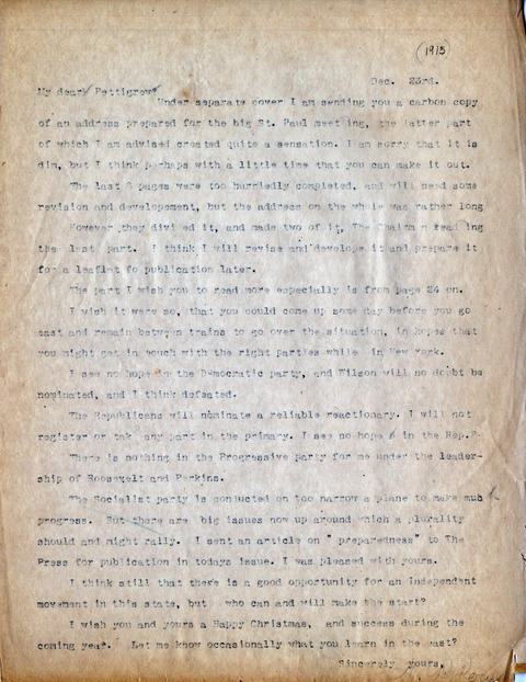 Letter: H.L. Loucks to R.F. Pettigrew, December 23, 1915