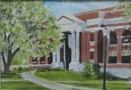 Watercolor painting of Lincoln Music Hall on the campus of South Dakota State University