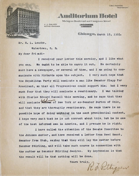 Letter: R.F. Pettigrew to H.L. Loucks, March 13, 1915