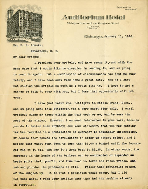 Letter: R.F. Pettigrew to H.L. Loucks, January 11, 1916