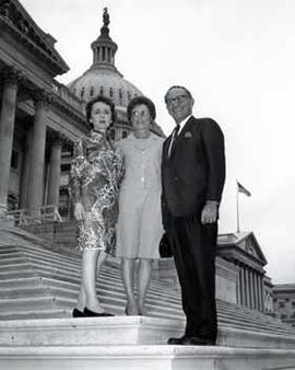 Representative Ben Reifel and Alice Reifel with Irene Jenks on the steps of the US Capitol in 1968