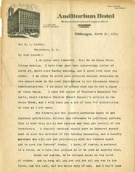 Letter: R.F. Pettigrew to H.L. Loucks, March 31, 1915