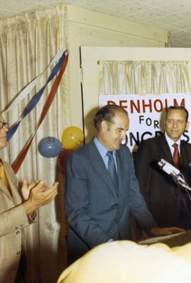 George McGovern speaking at a Denholm for Congress rally in 1970, Frank Denholm is to his right