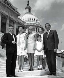 Representative Ben Reifel and Alice Reifel with the William Clayton family on the steps of the US Capitol in 1969