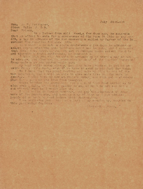 Letter: H.L. Loucks to R.F. Pettigrew, July 24, 1916