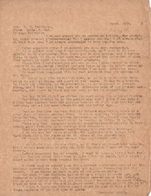 Letter: H.L. Loucks to R.F. Pettigrew, March 13, 1916