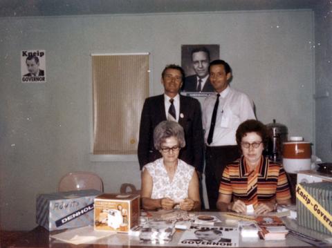 Frank Denholm at the Democratic Party booth at the fari in Turner County, South Dakota. Mrs. Milton Jorgenson, Mrs. Don Jenter, Bill D. and Dick Koneig.
