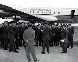 Congressional Group is Pisa, Italy being greeted by Colonel Eads G. Hardaway in 1961