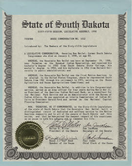 Ben Reifel Legislative Commemoration Certificates from the State of South Dakota