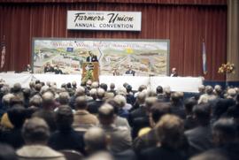 Frank Denholm speaking at the South Dakota Farmers Union annual convention while campaigning in 1968