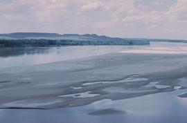 Looking west at a river channel and sandbars at the Garrison Reach of the Missouri River.