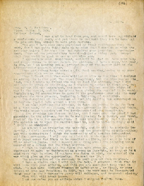Letter: H.L. Loucks to R.F. Pettigrew, January 14, 1916