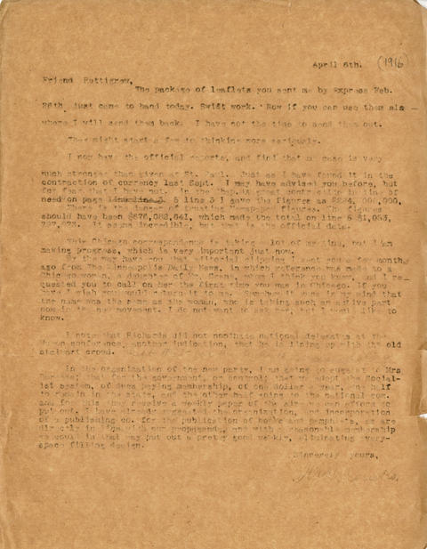 Letter: H.L. Loucks to R.F. Pettigrew, April 6, 1916
