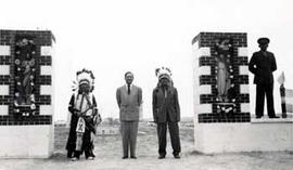 Frank Good Lance, Ben Reifel, and Thor Spotted Bear at Wounded Knee Monument in 1954