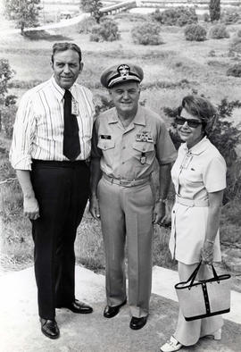 Frank and Millie Denholm witih Admiral Francis Foley while visiting a military base in Seoul, South Korea. Foley is the Senior member on the Military Armistice Committee of the United Nations Command.
