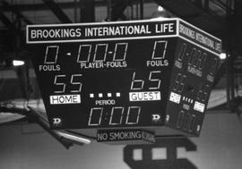 Scoreboard from SDSU home game versus Cuban national team showing a final score of 55 to 65