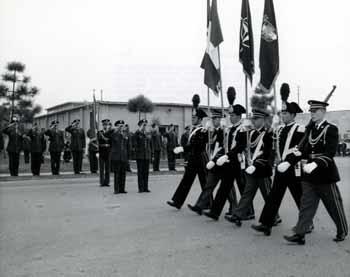 Honor Guard of Italian Carabinieri pass in review before Maj. Gen. J. Strom Thurmond and Maj. Gen. Eugene F. Cardwell in Verona, Italy in 1961