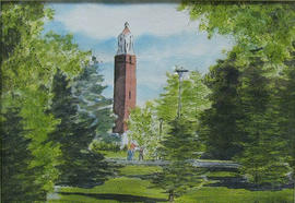 Watercolor painting of Coughlin Campanile on the campus of South Dakota State University
