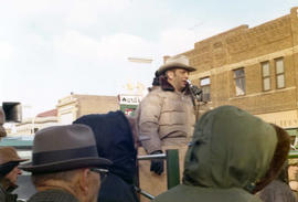 Frank Denholm is the auctioneer at a sale selling livestock in Brookings, South Dakota.