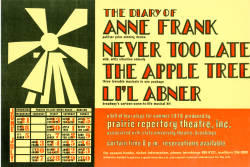 Program, poster, and photographs from the 1978 Prairie Reperatory Theatre season. Plays were The Apple Tree, Never Too Late, Diary of Anne Frank, and Li'l Abner.