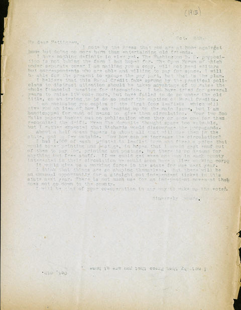 Letter: H.L. Loucks to R.F. Pettigrew, October 8, 1915