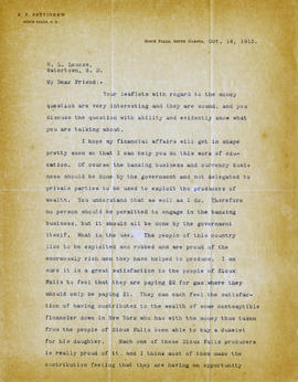 Letter: R.F. Pettigrew to H.L. Loucks, October 14, 1915