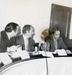 Representative Jim Abourezk, Senator George McGovern, and Representative Frank Denholm in a meeting about the Oahe Irrigation Project on the Missouri River in central South Dakota.