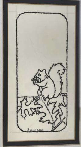 Framed object “Untitled,” SD Digest Illustration by James Pollock. Artwork that appeared as an illustration in the SD Digest depicting a squirrel eating an acorn with leaves at its feet. Framed size is 11” x 15”