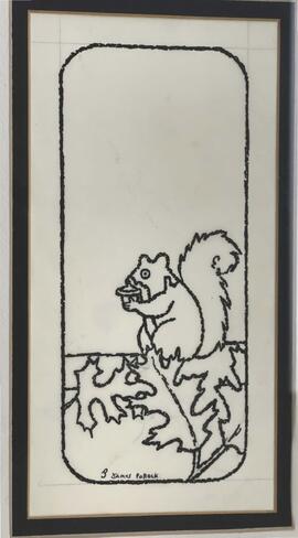 Framed object “Untitled,” SD Digest Illustration by James Pollock. Artwork that appeared as an illustration in the SD Digest depicting a squirrel eating an acorn with leaves at its feet. Framed size is 11” x 15”