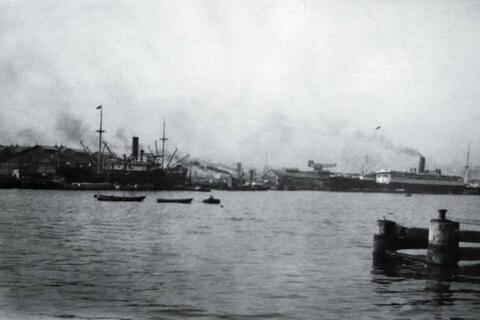 Ships at port in Tokyo Bay at Yokahama, Japan; written in pencil on the back: Yokohama 1924.