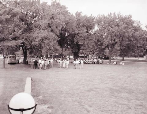 Crowds of people gathered on the campus of South Dakota State College to attend the recognition service for Dr. N.E. Hansen.