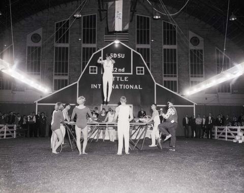 Performers on a trampoline at the 1965 Little International Exposition at South Dakota State University. The stage and false barn wall are in the background.