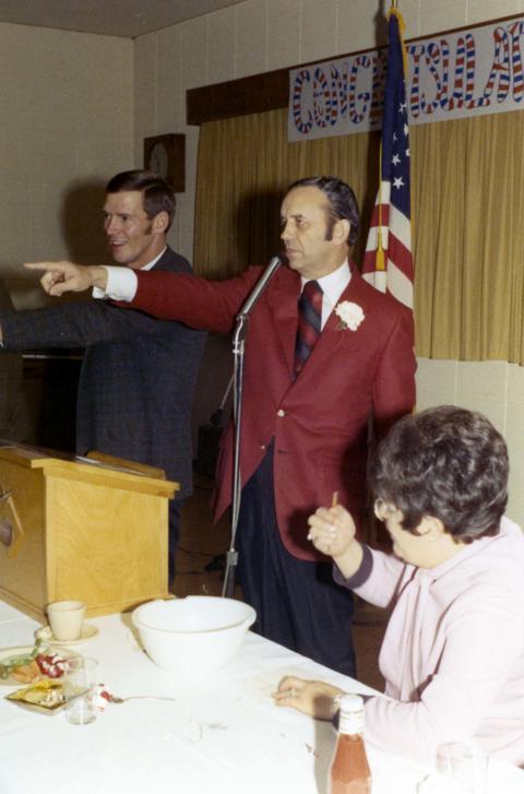 Frank Denholm speaking at a celebration in his honor for winning the Senate race in 1970 and celebrating his birthday