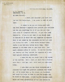 Letter: R.F. Pettigrew to H.L. Loucks, March 14, 1916