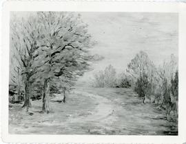 Postcard reproduction of landscape painting of trees and road