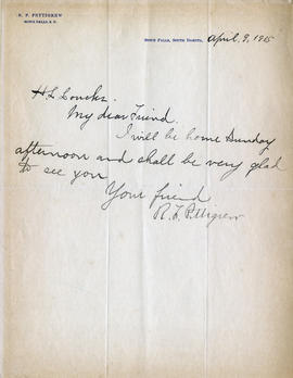 Letter: R.F. Pettigrew to H.L. Loucks, April 9, 1915