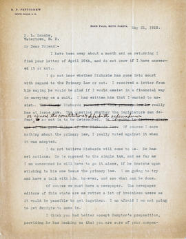 Letter: R.F. Pettigrew to H.L. Loucks, May 21, 1915