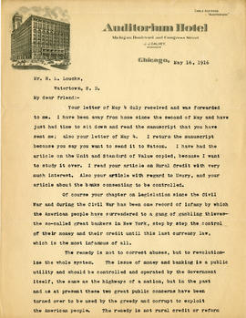 Letter: R.F. Pettigrew to H.L. Loucks, May 16, 1916