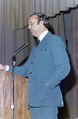 Frank Denholm giving the commencement address to the 1972 graduating class of Sioux Valley High School in Volga, South Dakota.